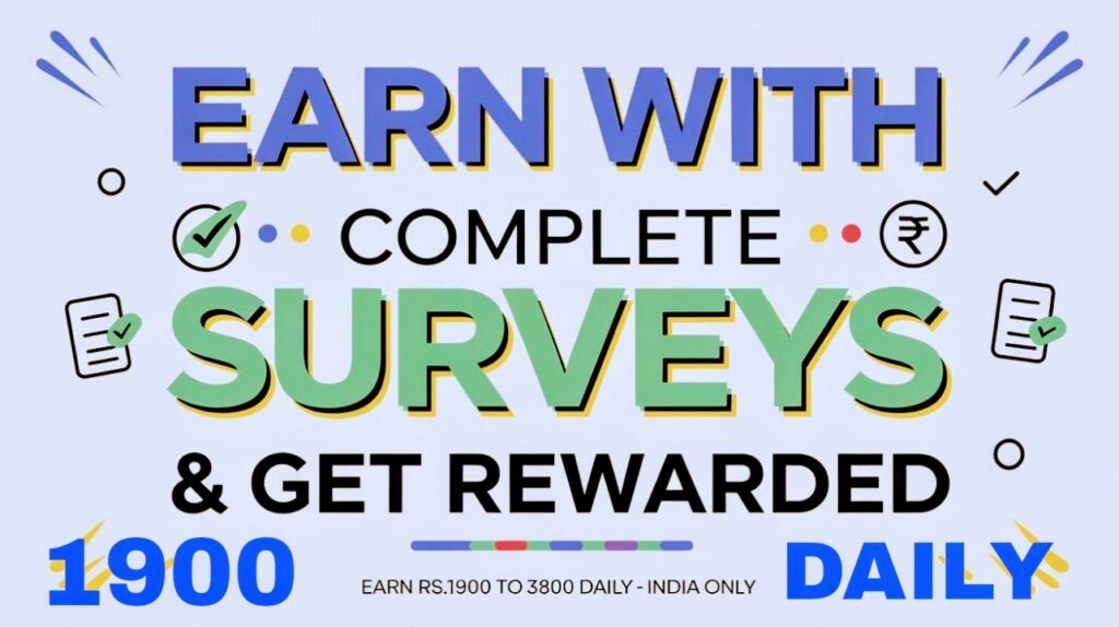Banner promoting an 'Earn with Surveys' offer with bright colors, featuring a bold title, survey icons, and currency symbols, highlighting rewards and a daily limit of 100 leads targeting India only