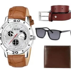 Buy 1 Get 3 Free! CAVIOR Silver Watch, Wallet, Belt & Sunglasses Combo for Men